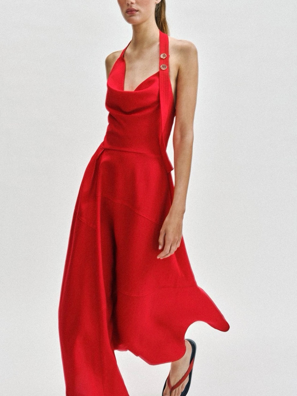 Zara Red Halter Cowl Neck Maxi Dress